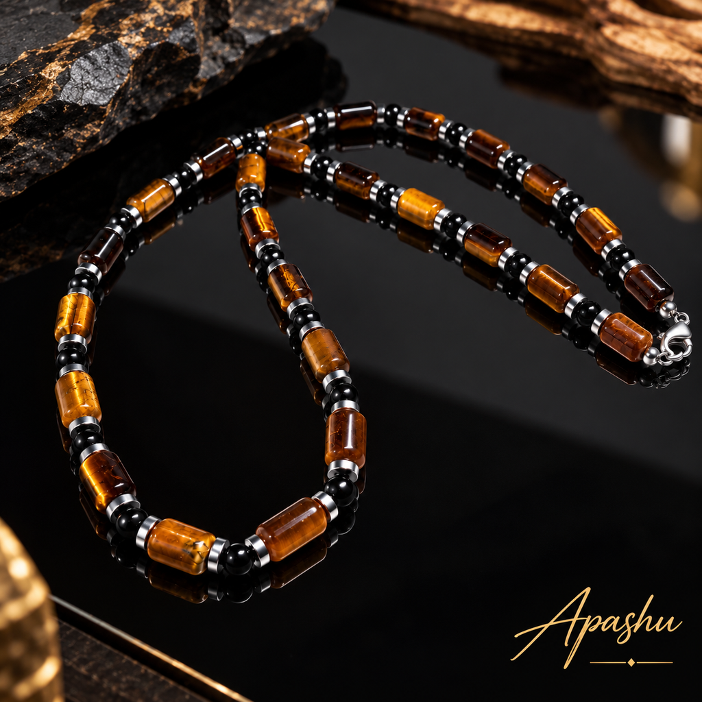 Men's Natural Tiger Eye, Black Onyx & Hematite Necklace – Handmade Luxury Gemstone Jewellery