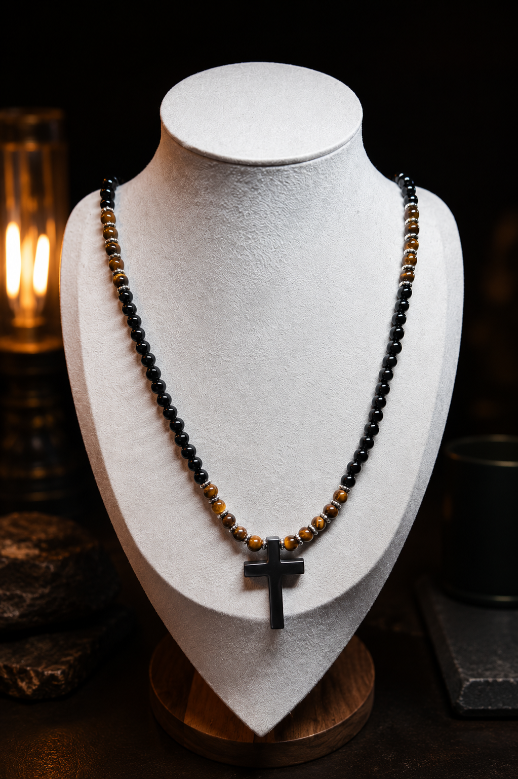 Black Onyx & Tiger Eye Cross Necklace for Men | Slip On Beaded Necklace | Natural Stone Christian Necklace | Masculine Jewelry
