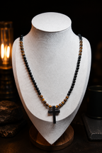 Black Onyx & Tiger Eye Cross Necklace for Men | Slip On Beaded Necklace | Natural Stone Christian Necklace | Masculine Jewelry