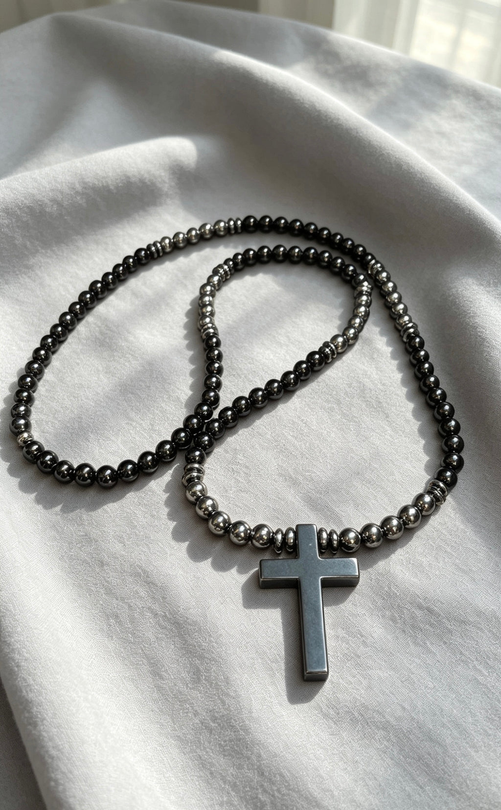 26 Inch Black Cross Necklace for Men – Long Slip On Beaded Necklace – Hematite & Black Stone Minimalist Jewelry