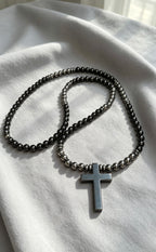 26 Inch Black Cross Necklace for Men – Long Slip On Beaded Necklace – Hematite & Black Stone Minimalist Jewelry