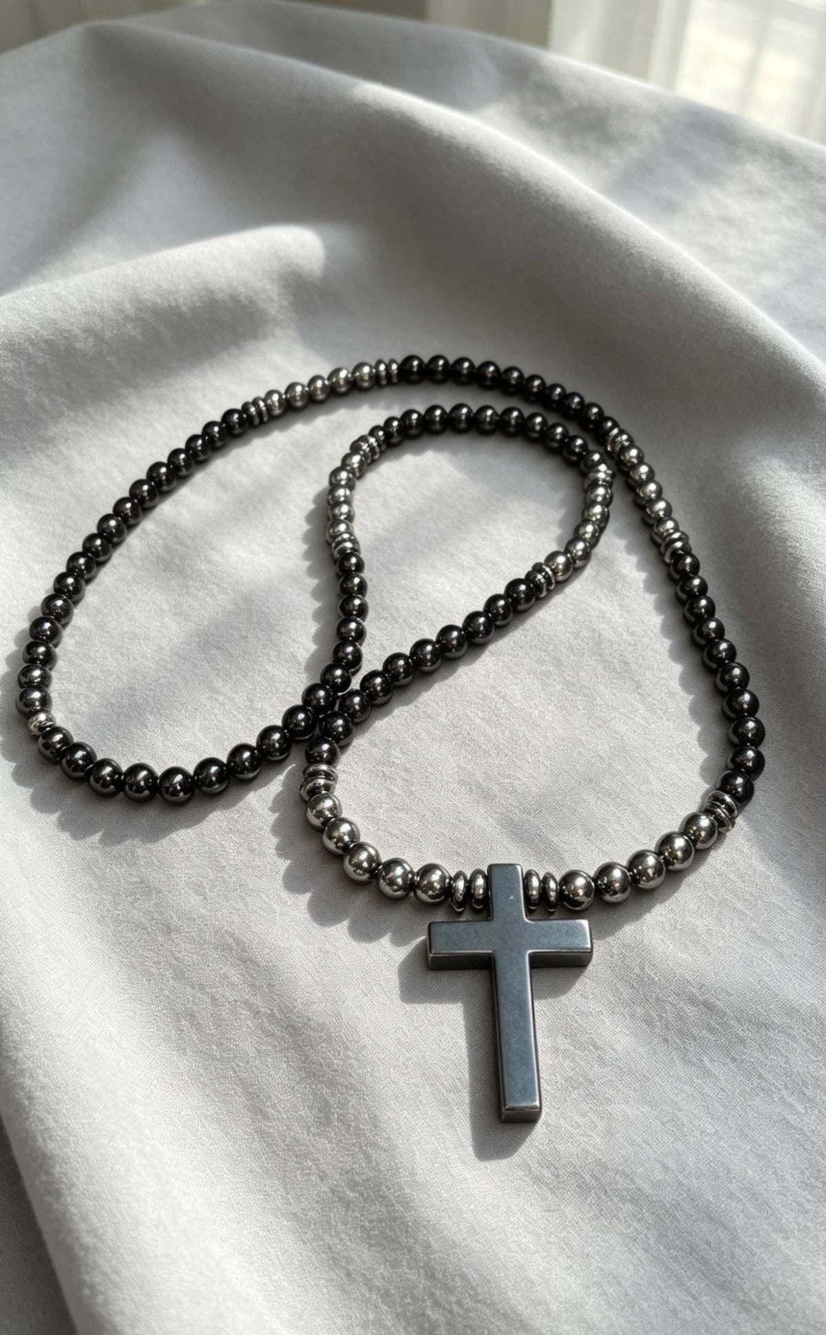 26 Inch Black Cross Necklace for Men – Long Slip On Beaded Necklace – Hematite & Black Stone Minimalist Jewelry