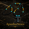 Men’s Tiger Eye, Onyx & Turquoise Cross Necklace | Handmade Natural Stone Beaded Necklace | 26 Inch
