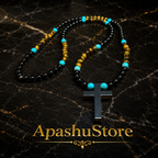 Men’s Tiger Eye, Onyx & Turquoise Cross Necklace | Handmade Natural Stone Beaded Necklace | 26 Inch