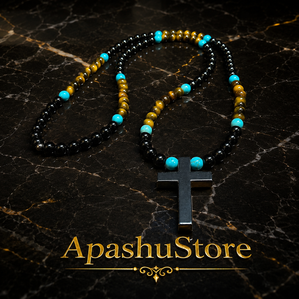 Men’s Tiger Eye, Onyx & Turquoise Cross Necklace | Handmade Natural Stone Beaded Necklace | 26 Inch
