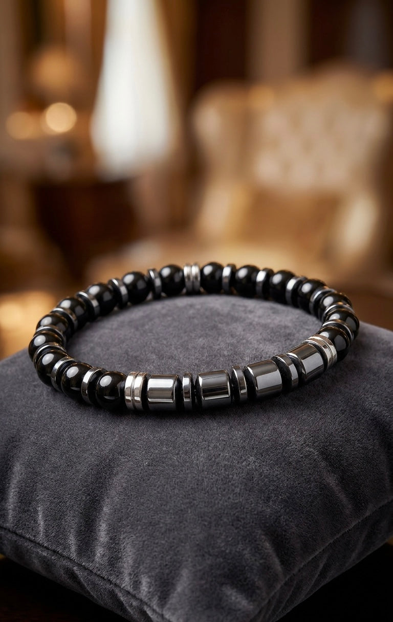 Men’s Black Onyx & Hematite Bracelet – 19 cm – Natural Stone Bracelet – Any Size Available