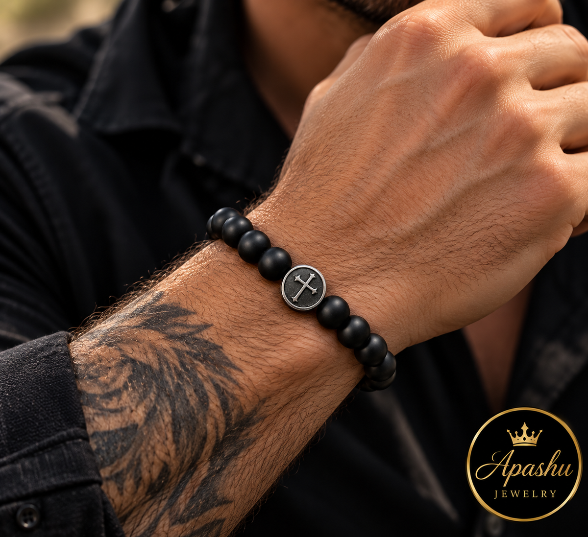 Men’s Matte Black Onyx Cross Bracelet – 8mm Natural Stone Beads