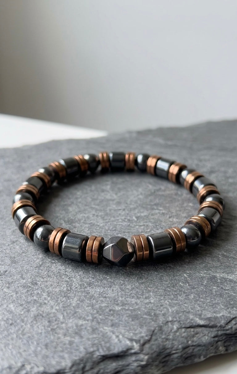 Luxury Black & Metallic Beaded Bracelet 19cm – Men’s Stretch Bracelet – Any Size Available