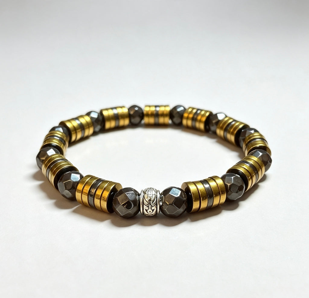 Luxury Men’s Faceted Hematite Bracelet with Gold-Tone Spacers – 8mm Beads, 19cm, Handmade in Any Size