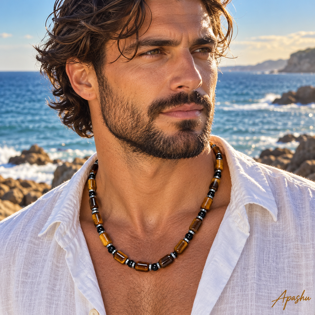 Men's Natural Tiger Eye, Black Onyx & Hematite Necklace – Handmade Luxury Gemstone Jewellery