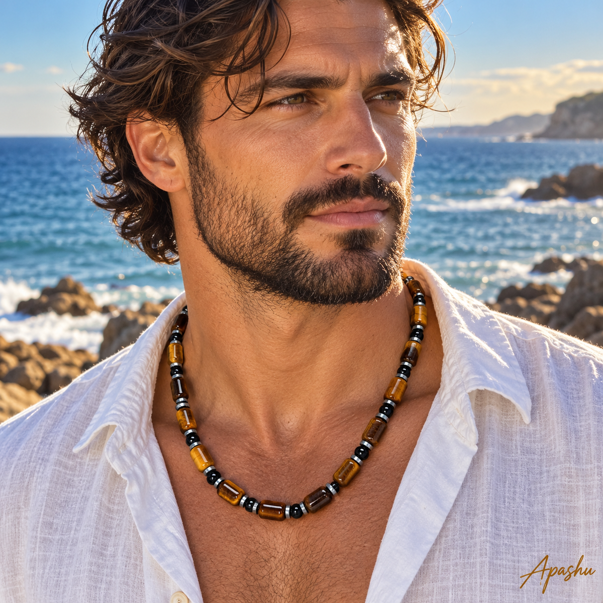 Men's Natural Tiger Eye, Black Onyx & Hematite Necklace – Handmade Luxury Gemstone Jewellery