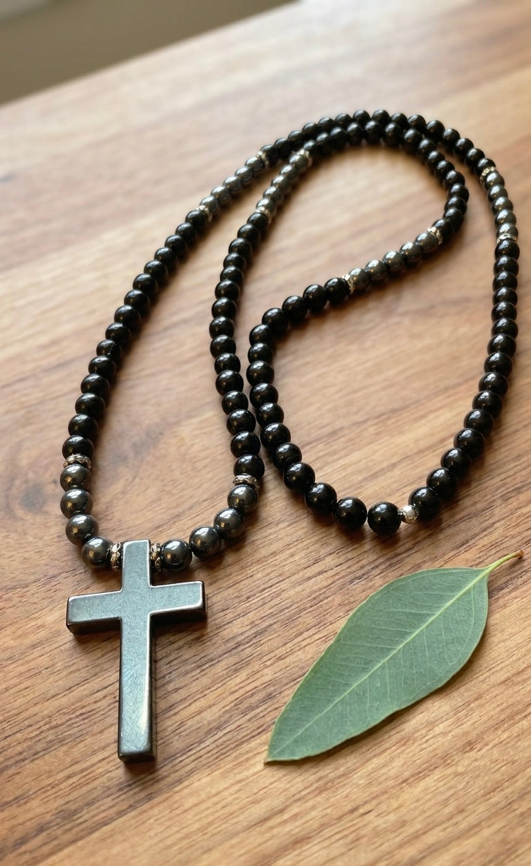 Black Cross Necklace – 26 inch/– 6mm Natural Stone Beads – Stainless Steel Clasp