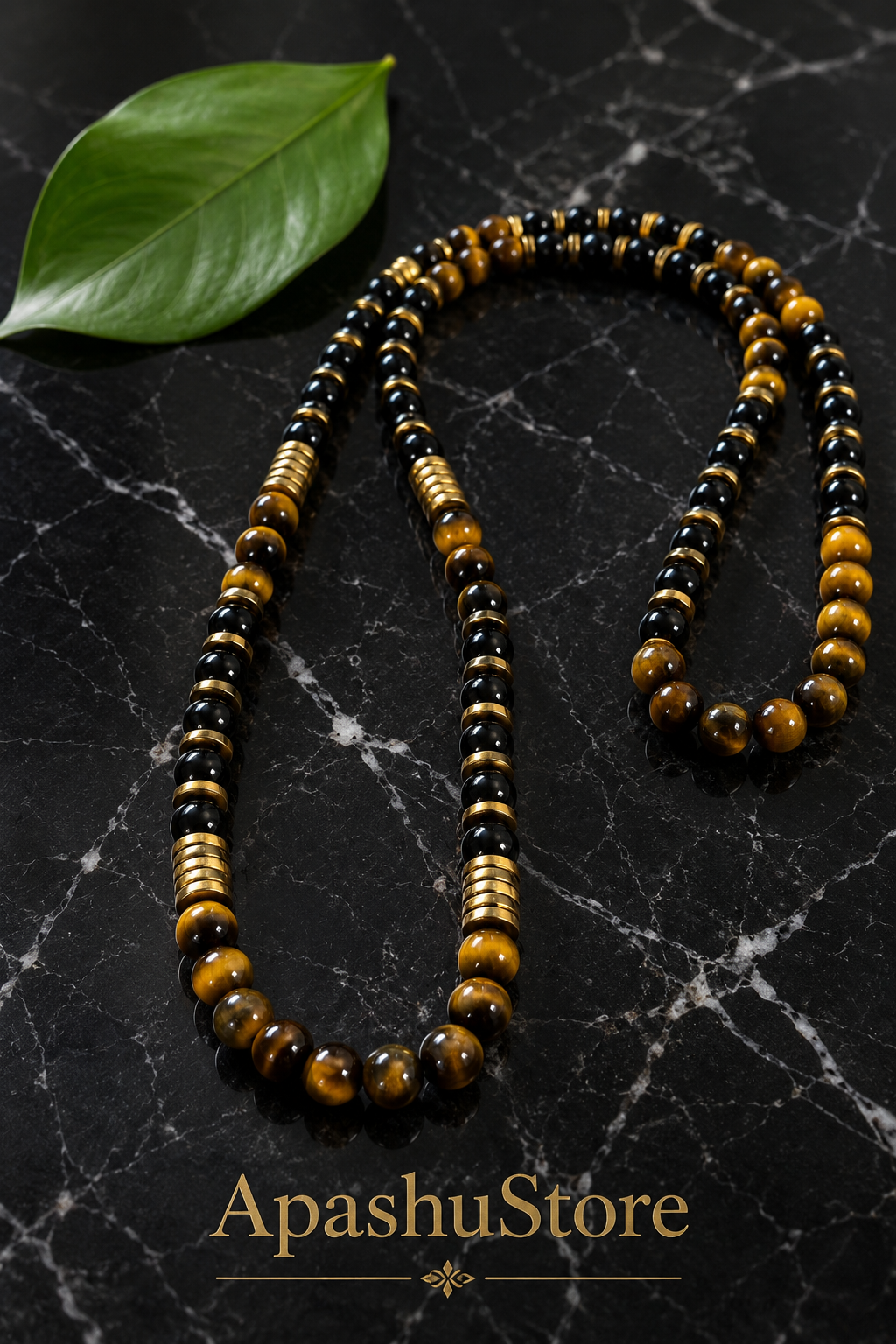 Men’s Tiger Eye & Black Onyx Beaded Necklace 26 Inch Slip On Natural Stone Gold Spacer Necklace Gift for Him