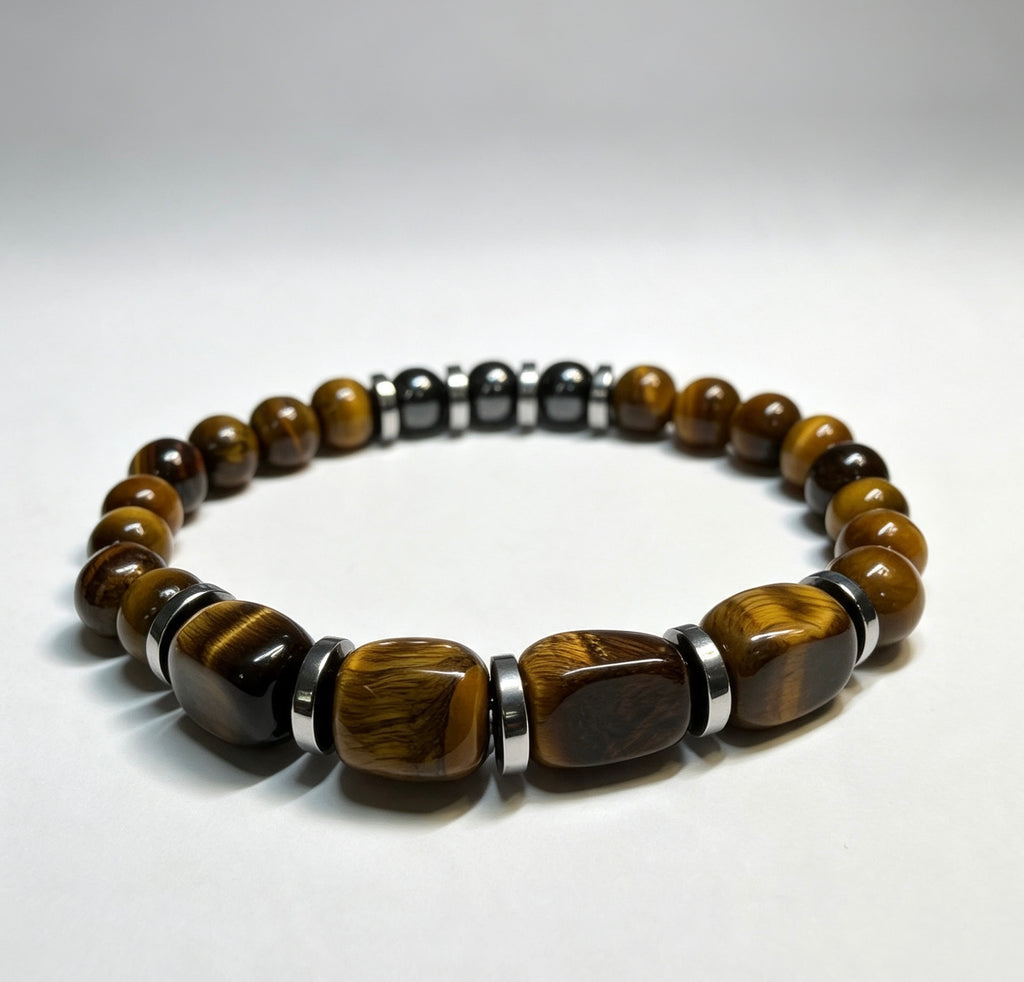 Tiger Eye & Hematite Bracelet – 20cm Natural Stone Unisex Bracelet – Handmade Beaded Jewellery – Custom Sizes Available
