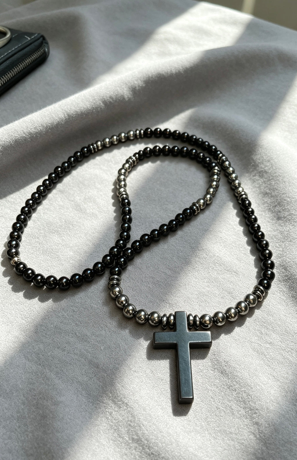26 Inch Black Cross Necklace for Men – Long Slip On Beaded Necklace – Hematite & Black Stone Minimalist Jewelry