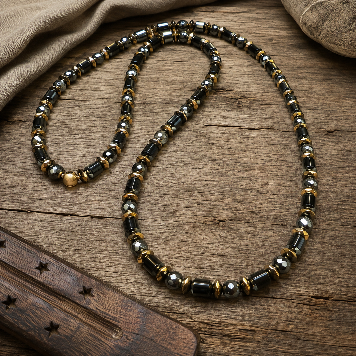 Luxury Men’s Hematite Necklace Black & Gold Beaded Necklace 26 Inch Statement Jewellery – Handmade Gift for Him
