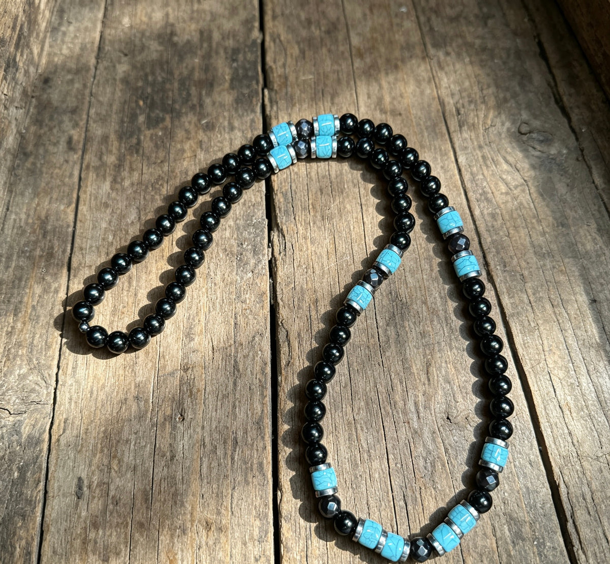 Men’s Onyx & Turquoise Beaded Necklace – 26” (66 cm) | 8 mm Handmade Necklace