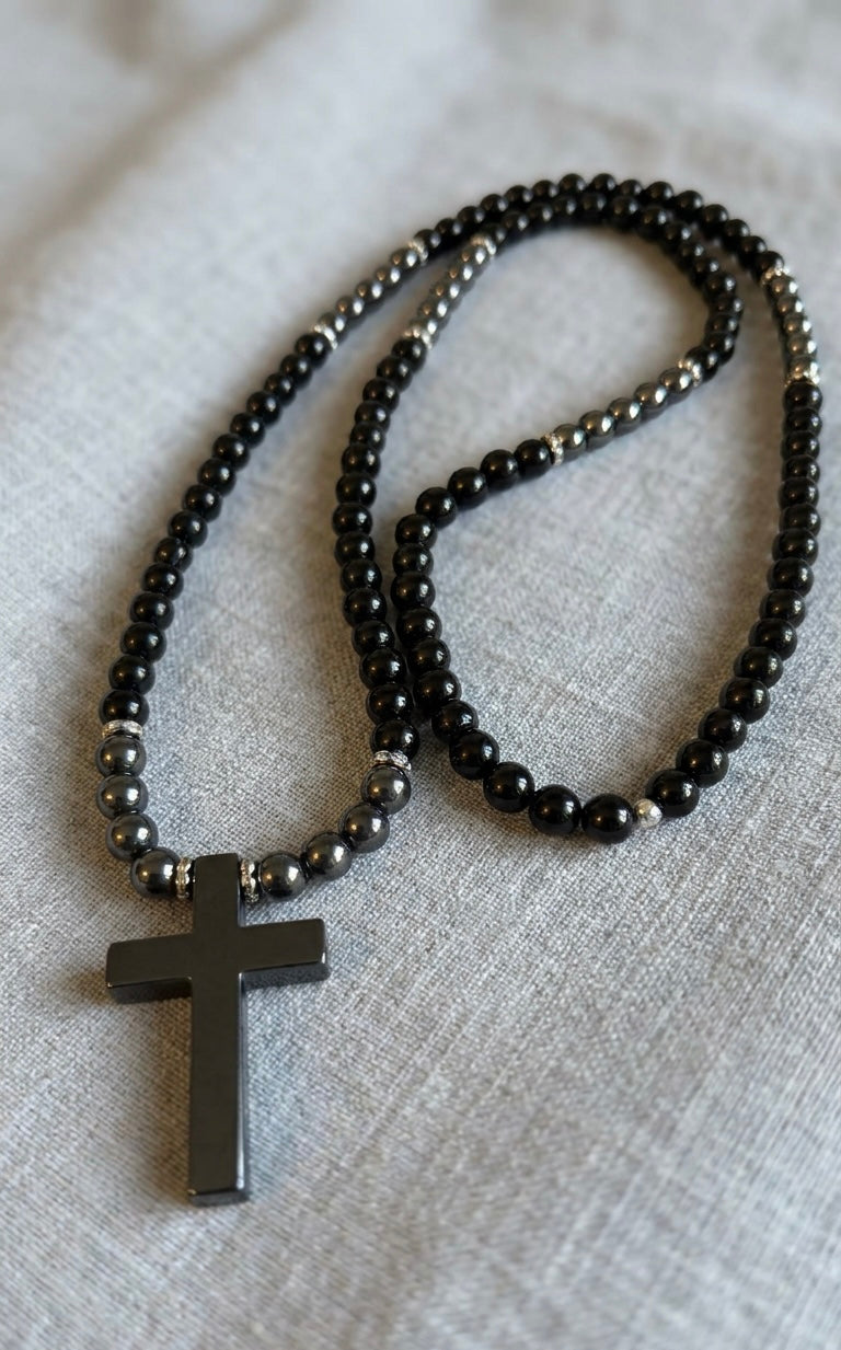 Black Cross Necklace – 26 inch/– 6mm Natural Stone Beads – Stainless Steel Clasp