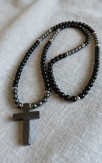 Black Cross Necklace – 26 inch/– 6mm Natural Stone Beads – Stainless Steel Clasp