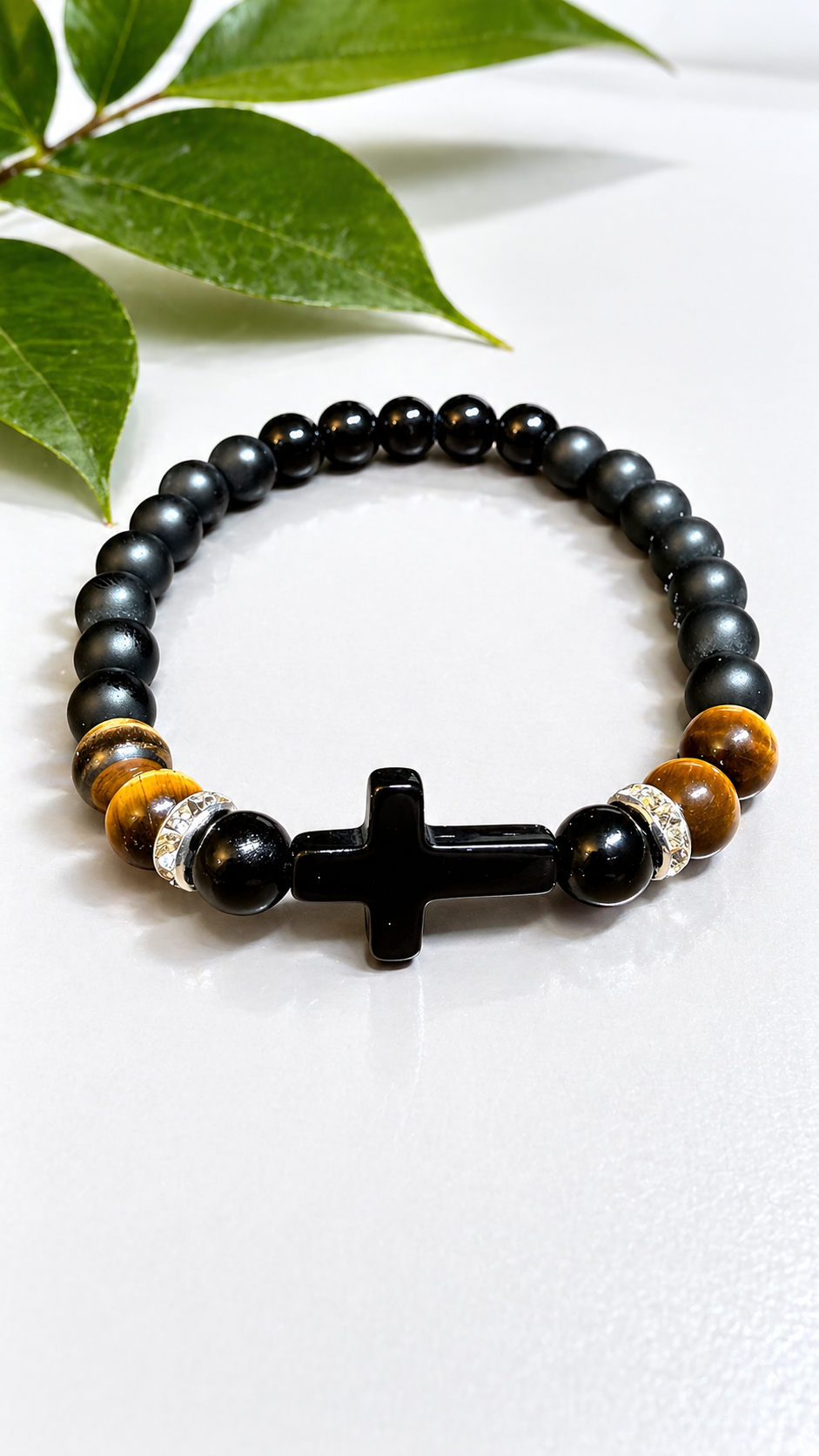 Black Onyx & Tiger Eye Cross Bracelet – Any Size – 19 cm Default – Men Women Gift