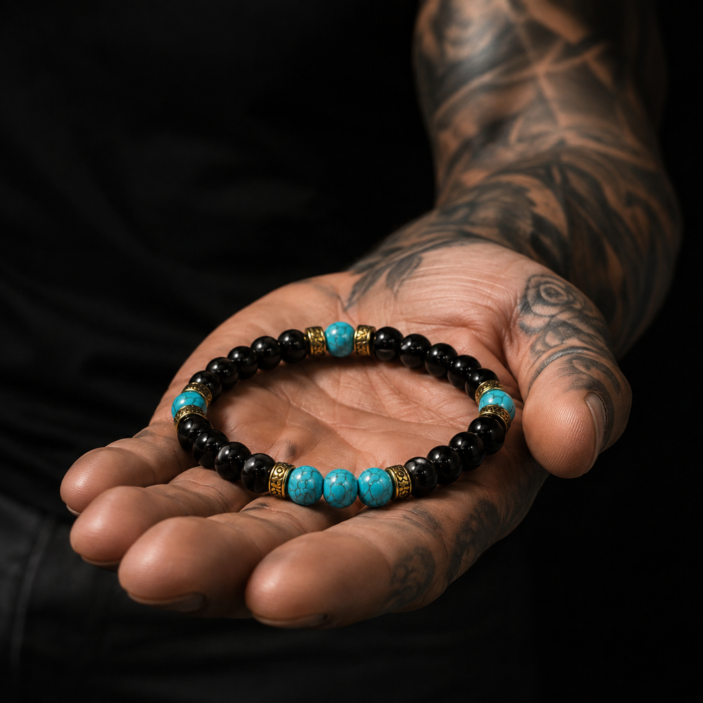 Handmade Black Onyx & Turquoise Bracelet, 8mm Gemstone Beaded Bracelet, Unisex Jewelry, Stretch Bracelet, Custom Size Gift for Men & Women