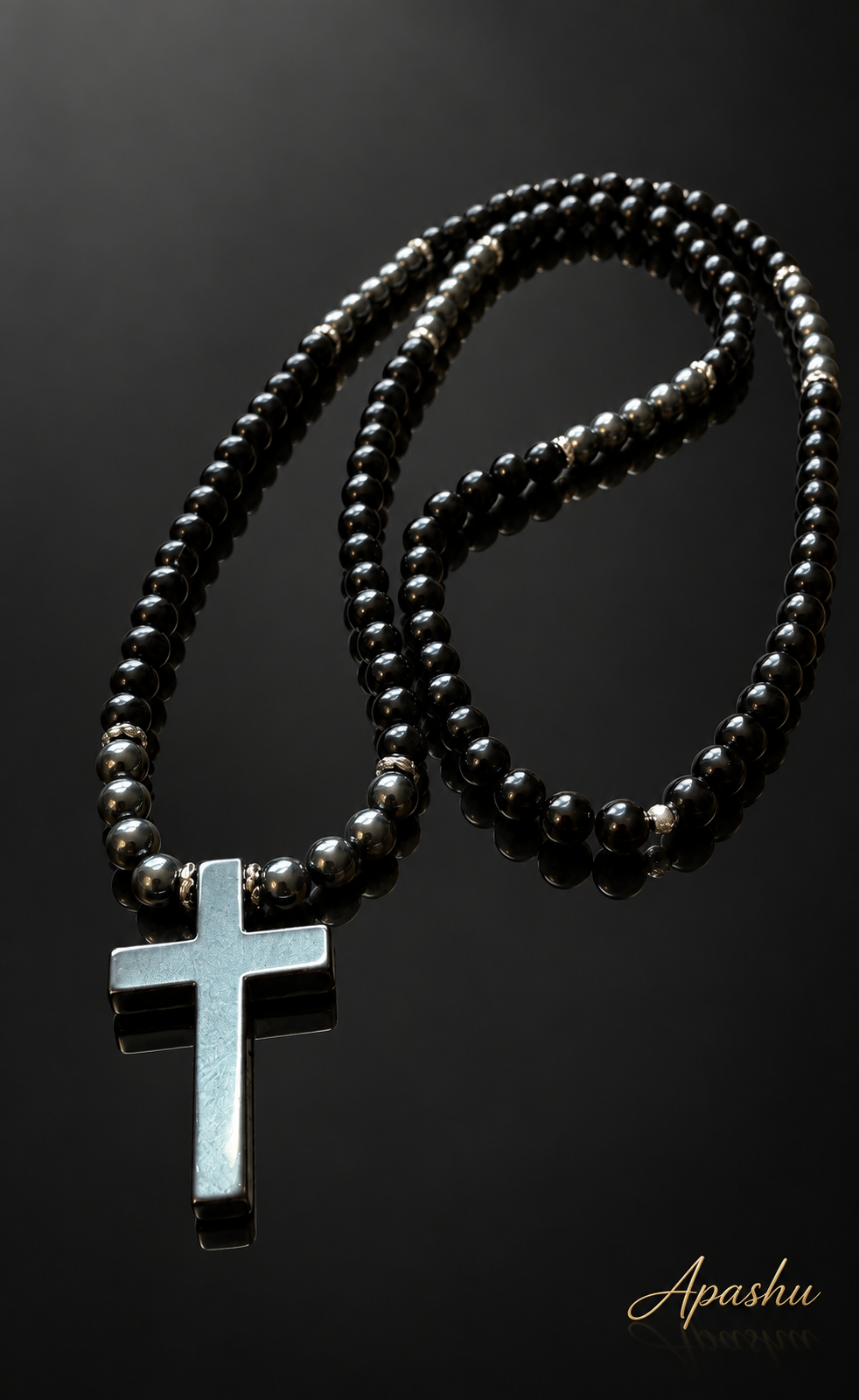 Black Cross Necklace – 26 inch/– 6mm Natural Stone Beads – Stainless Steel Clasp