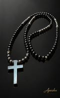 Black Cross Necklace – 26 inch/– 6mm Natural Stone Beads – Stainless Steel Clasp