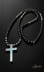 Black Cross Necklace – 26 inch/– 6mm Natural Stone Beads – Stainless Steel Clasp
