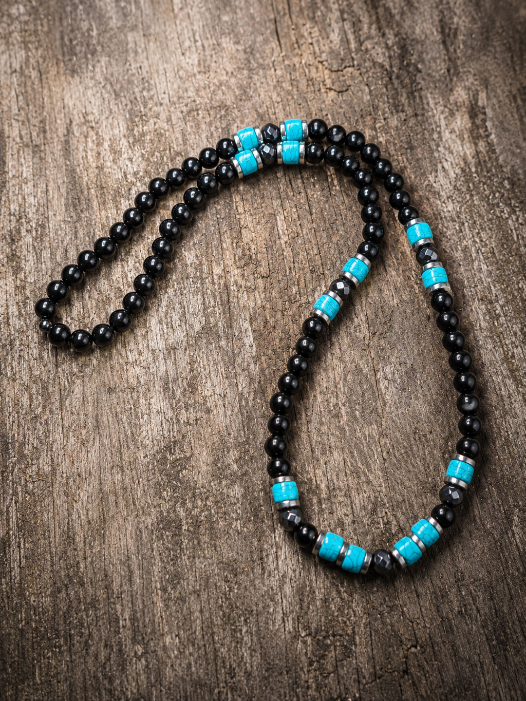 Men’s Onyx & Turquoise Beaded Necklace – 26” (66 cm) | 8 mm Handmade Necklace