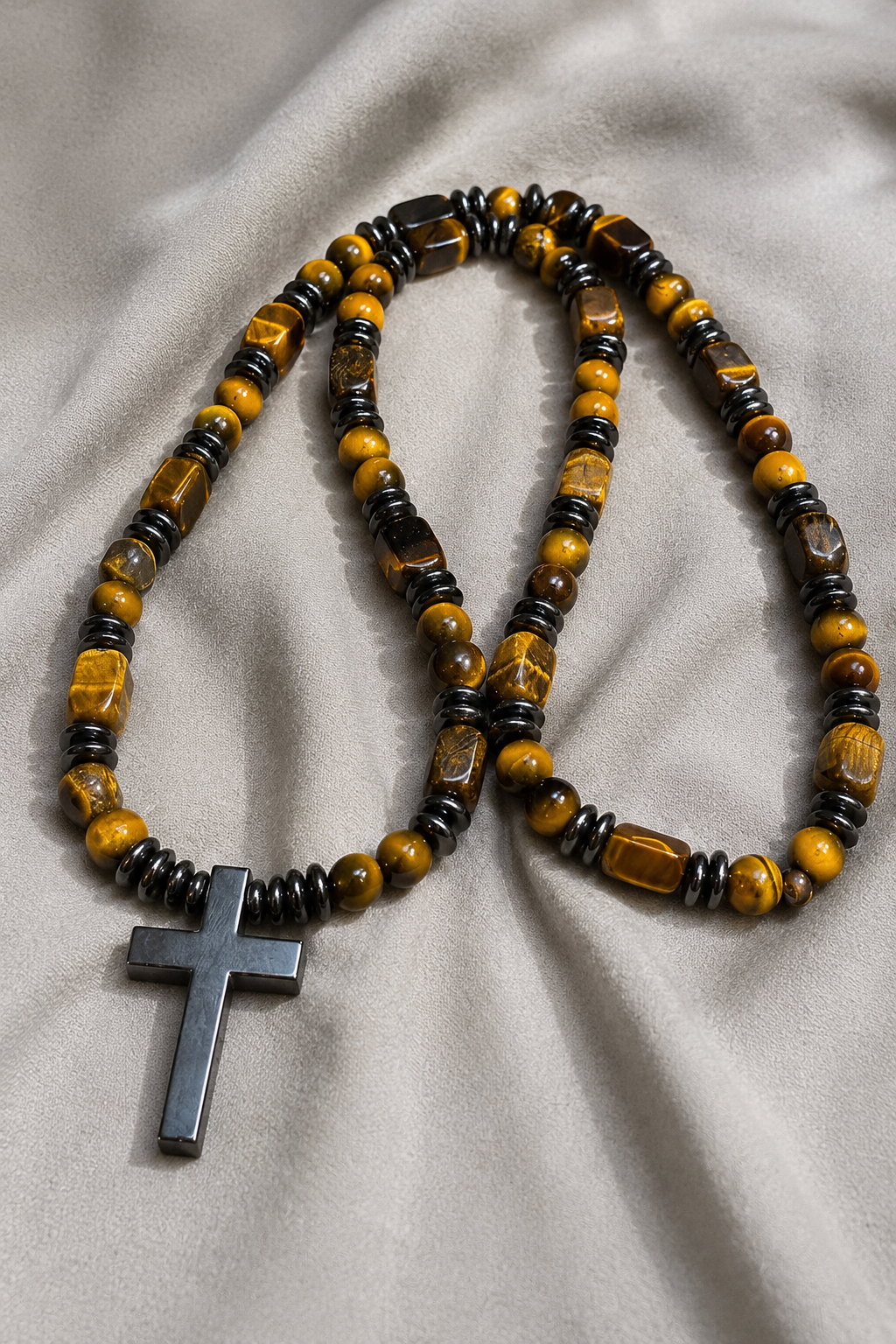 Tiger Eye Cross Necklace Mens Christian Gemstone Beaded Necklace 26 Inch
