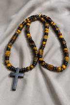 Tiger Eye Cross Necklace Mens Christian Gemstone Beaded Necklace 26 Inch