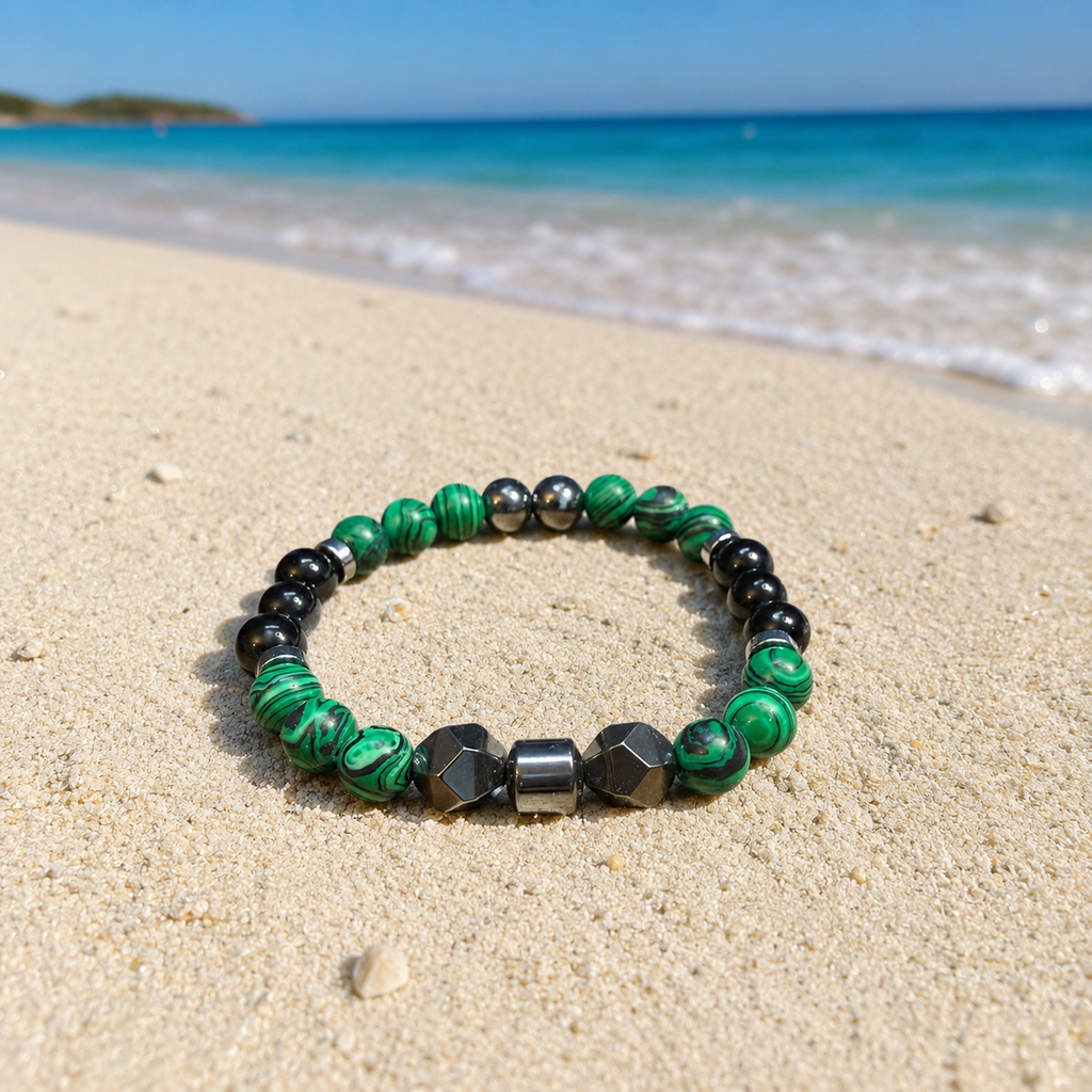 Women’s 8mm Green Malachite, Black Onyx & Hematite Bracelet – 17cm – Handmade – Any Size Available