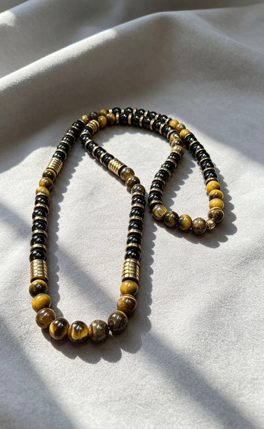 Men’s Tiger Eye & Black Onyx Beaded Necklace 26 Inch Slip On Natural Stone Gold Spacer Necklace Gift for Him
