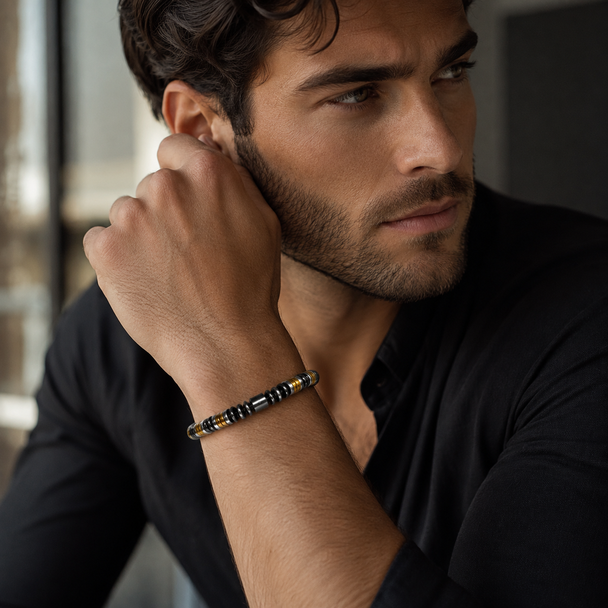 Men’s 8mm Black Gold & Silver Beaded Bracelet – Handmade – Any Size Available