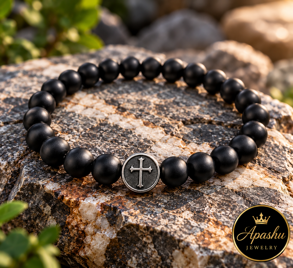 Men’s Matte Black Onyx Cross Bracelet – 8mm Natural Stone Beads