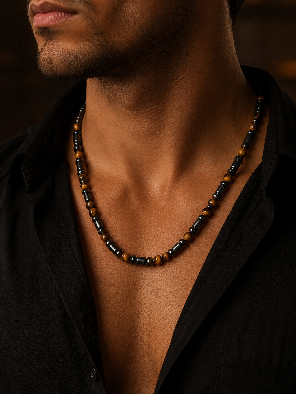 6mm Tiger Eye & Hematite Necklace – 27 Inch – Slip-On Design – Men’s Natural Stone Necklace
