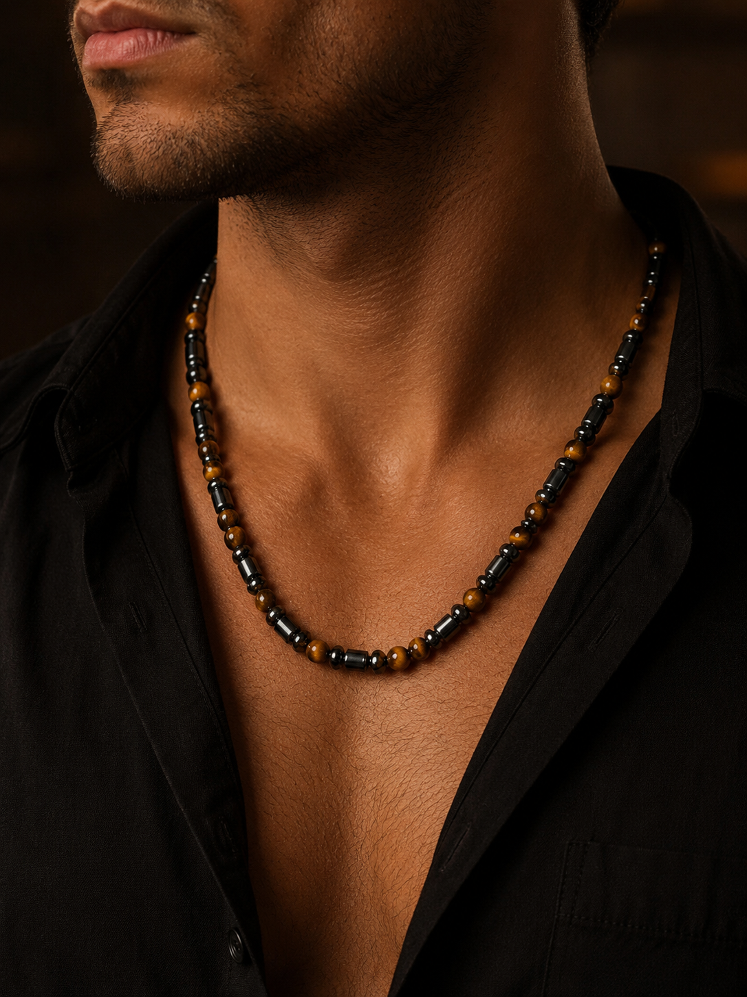 6mm Tiger Eye & Hematite Necklace – 27 Inch – Slip-On Design – Men’s Natural Stone Necklace