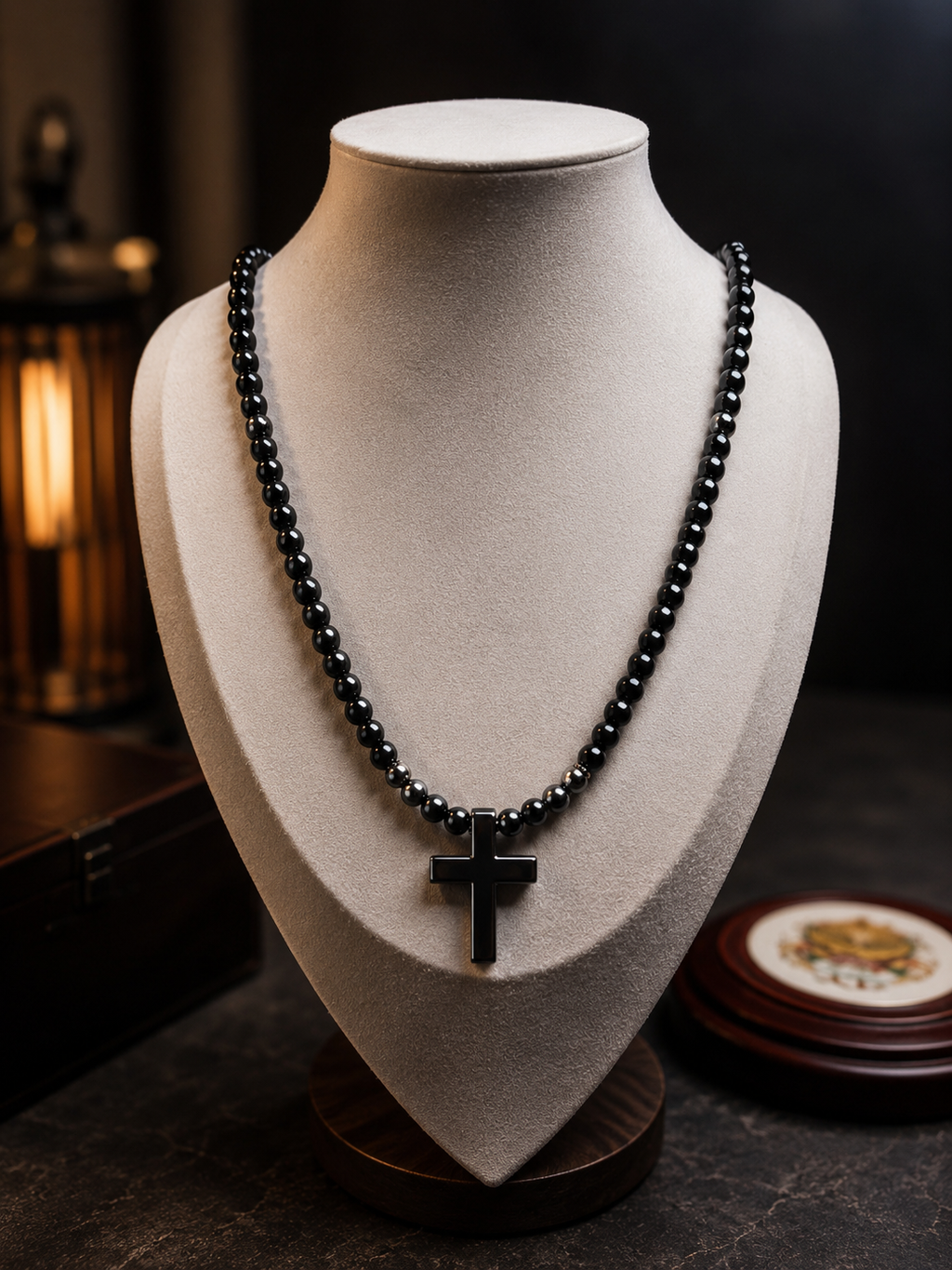 Black Cross Necklace – 26 inch/– 6mm Natural Stone Beads – Stainless Steel Clasp