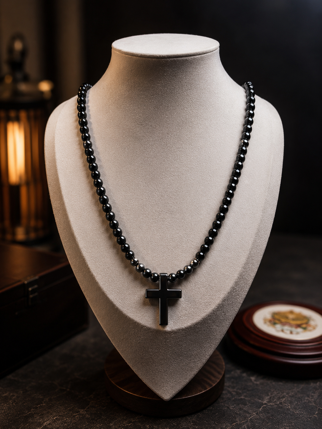 Black Cross Necklace – 26 inch/– 6mm Natural Stone Beads – Stainless Steel Clasp