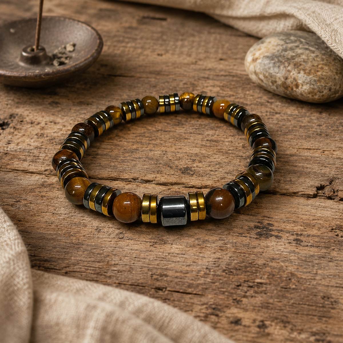 Luxury Tiger Eye & Hematite Men’s Bracelet – Gold & Gunmetal Statement Design