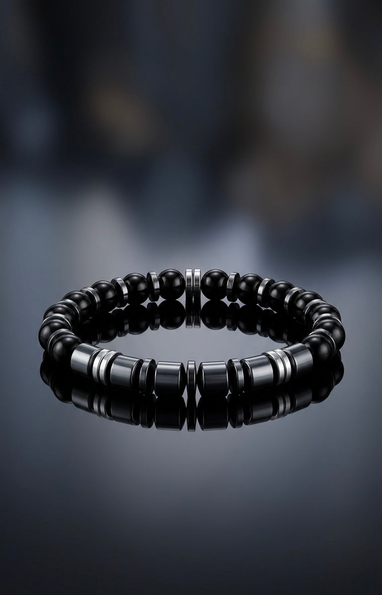 Men’s Black Onyx & Hematite Bracelet – 19 cm – Natural Stone Bracelet – Any Size Available