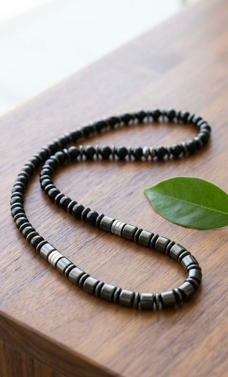 Black Onyx & Hematite Necklace 60cm – Men’s Luxury Beaded Chain, Minimalist Statement Jewelry, Gift for Him