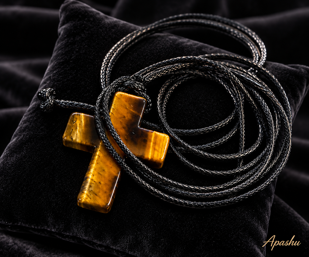 Natural Tiger Eye Cross Necklace for Men – 70cm Black Braided Cord, Christian Stone Pendant