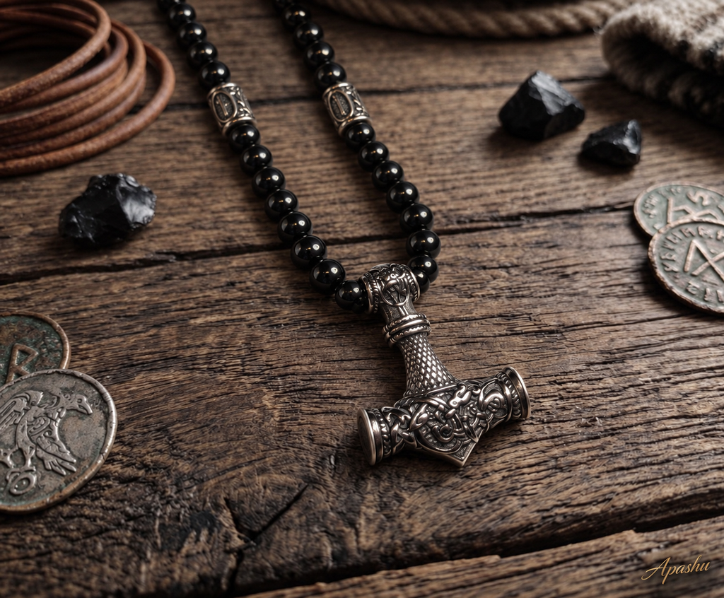 Thor Hammer Necklace – Onyx, Hematite & Stainless Steel, 26 Inch, 8mm Beads
