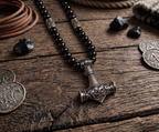 Thor Hammer Necklace – Onyx, Hematite & Stainless Steel, 26 Inch, 8mm Beads