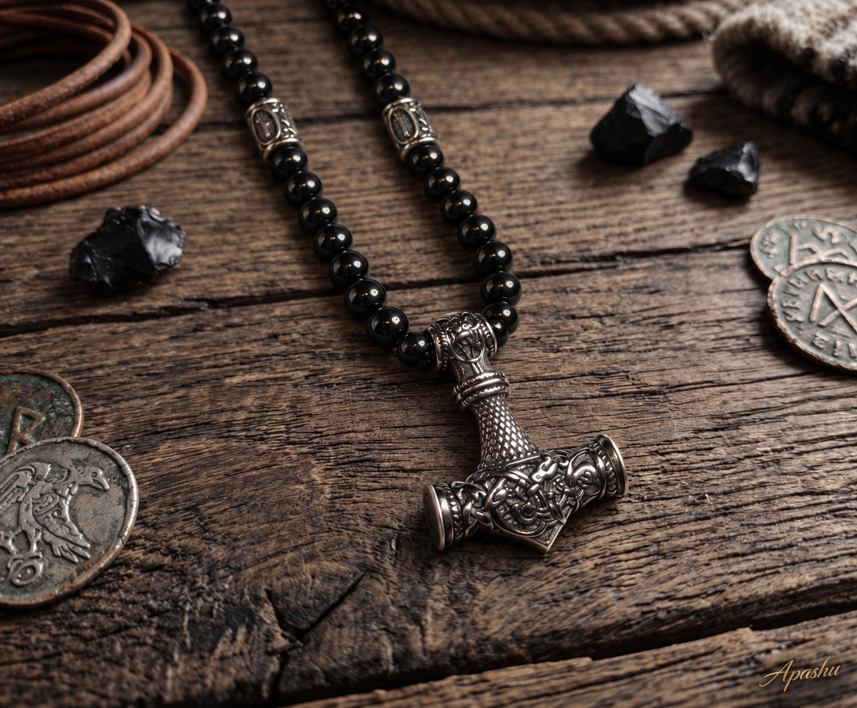 Thor Hammer Necklace – Onyx, Hematite & Stainless Steel, 26 Inch, 8mm Beads