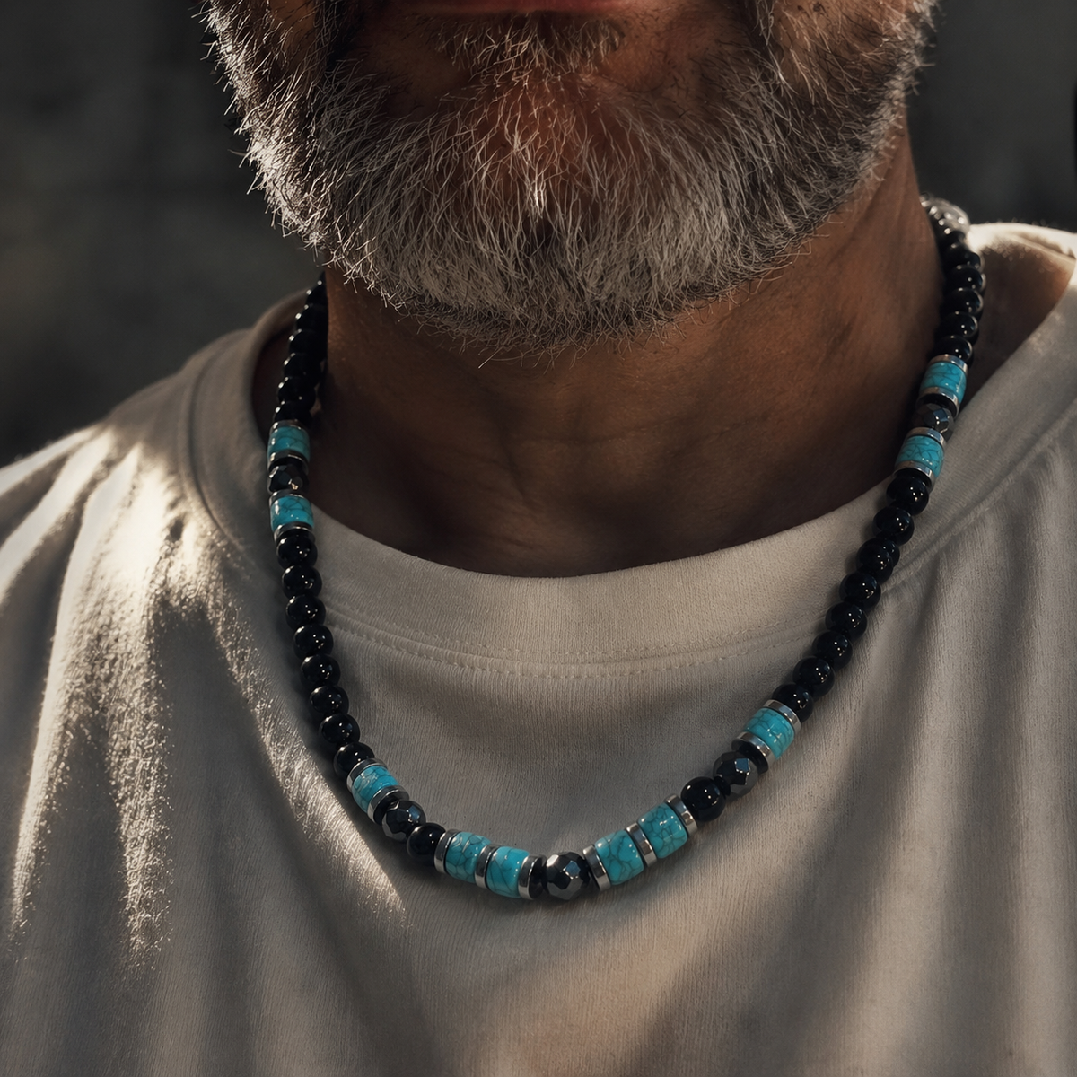 Men’s Onyx & Turquoise Beaded Necklace – 26” (66 cm) | 8 mm Handmade Necklace