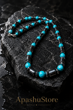Men’s 6mm Turquoise and Hematite Choker Necklace, Handmade Gemstone Beaded Necklace, Minimalist Jewelry Gift for Him