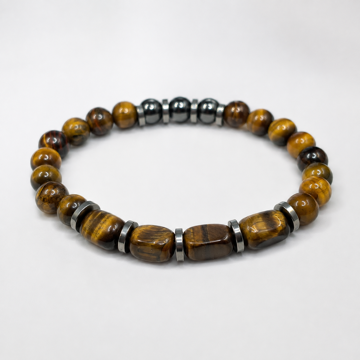 Tiger Eye & Hematite Bracelet – 20cm Natural Stone Unisex Bracelet – Handmade Beaded Jewellery – Custom Sizes Available