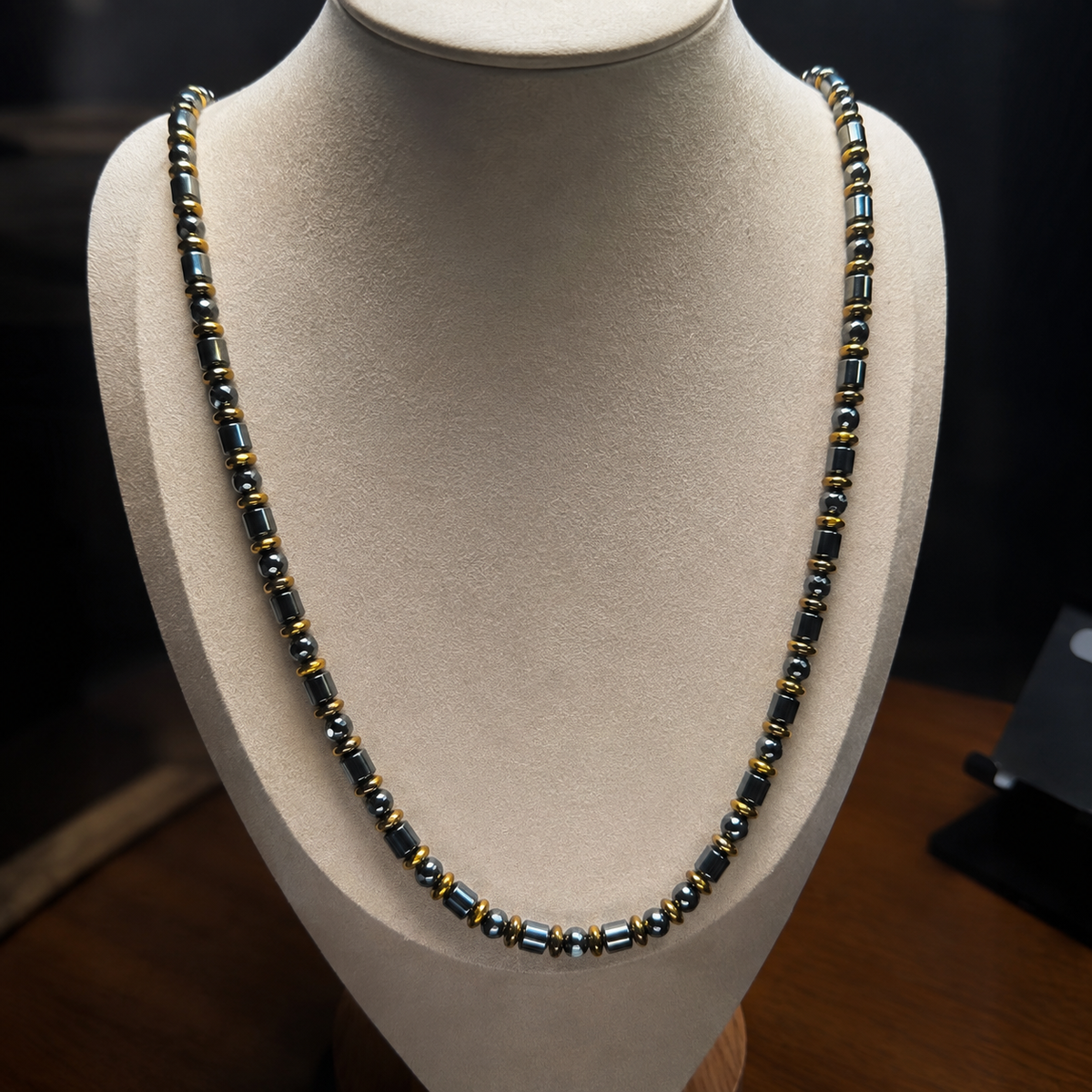 Luxury Men’s Hematite Necklace Black & Gold Beaded Necklace 26 Inch Statement Jewellery – Handmade Gift for Him